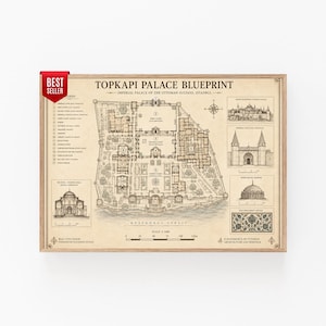 May include: A framed architectural print titled Topkapi Palace Blueprint, Imperial Palace of the Ottoman Sultans, Istanbul. The beige map features numbered sections, a compass rose, a scale bar, and detailed sketches of palace structures.