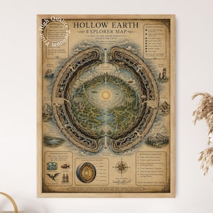 May include: A rectangular poster titled Hollow Earth Explorer Map featuring a detailed illustration of an inner world with a central sun, lush landscapes, and text labels. The vintage-style print includes a compass rose, cross-section diagram, and explorer guidelines on a beige background, framed in a light wood frame.