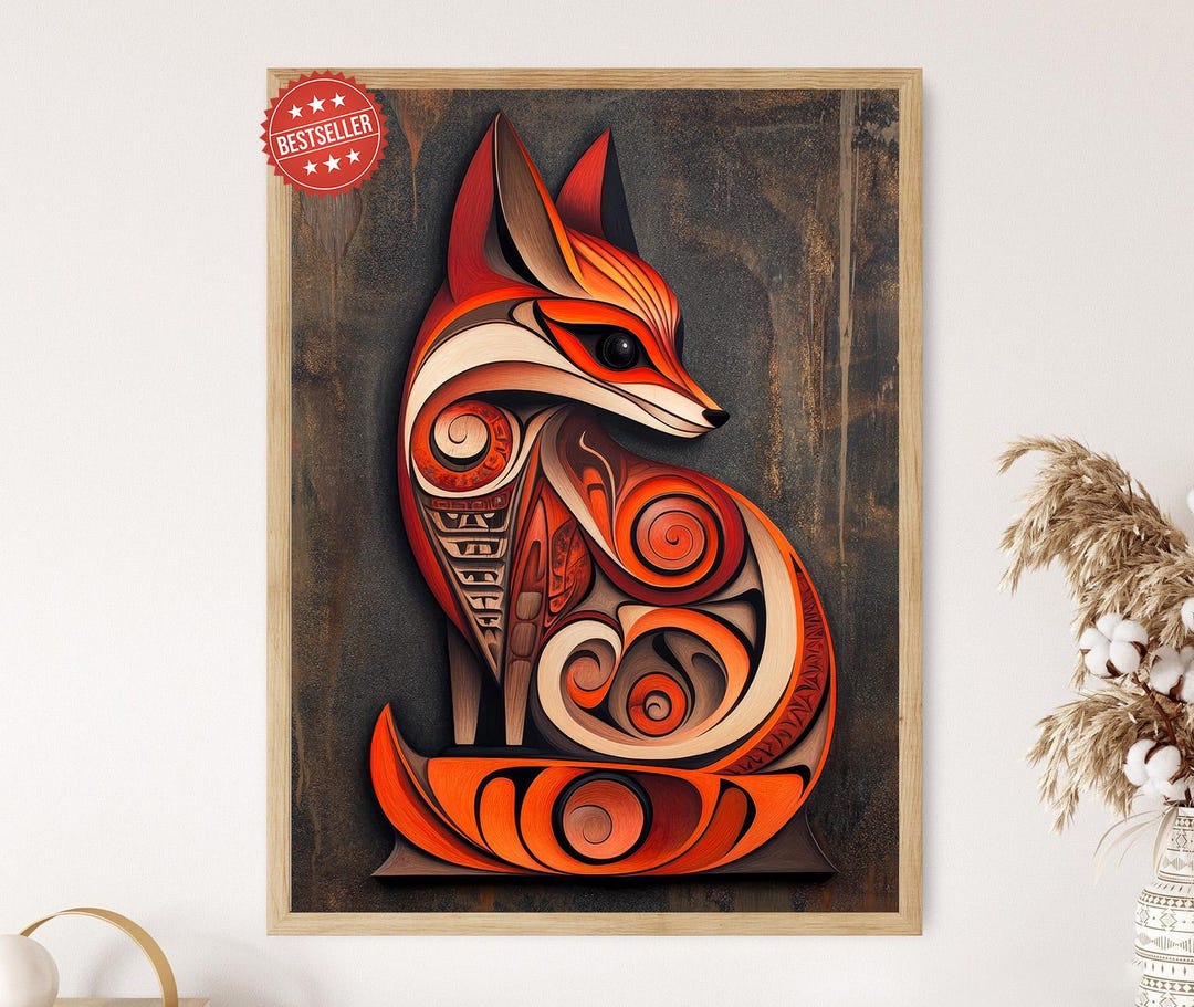 アート・デザイン・音楽 RED DATA ANIMALS 01-01 Haida Red Fox Art Print: Native American Symbol, Pacific Northwest