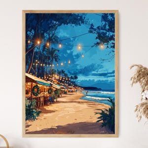 May include: A framed art print depicts a beach scene at dusk. The artwork features a sandy beach, ocean waves, and a row of illuminated stalls. Palm trees and string lights add to the tropical ambiance. The sky transitions from blue to dark, creating a serene atmosphere.