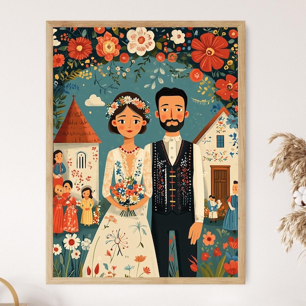 Matyó Wedding Art Print, Hungarian Folk-Inspired Marriage Scene, Traditional Embroidery