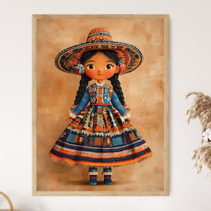 May include: A colorful illustration of a girl wearing a traditional Mexican dress and a large, wide-brimmed hat. The dress is blue, orange, and yellow with intricate patterns. The hat is brown with orange and yellow accents.