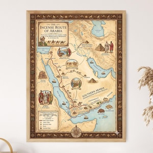 May include: A framed historical map titled The Incense Route of Arabia, featuring a beige parchment background, blue water bodies, and brown trade route lines. The map includes illustrations of camel caravans, ancient cities, and Roman figures.