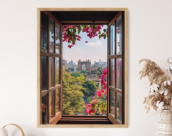Impresión artística de Mumbai, Maharashtra, Puerta de la India y ventanas con buganvillas
