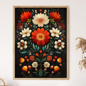 May include: A digital illustration of a floral bouquet with red, white, and orange flowers on a dark background. The flowers are arranged in a symmetrical pattern and have a stylized, almost folk art aesthetic.