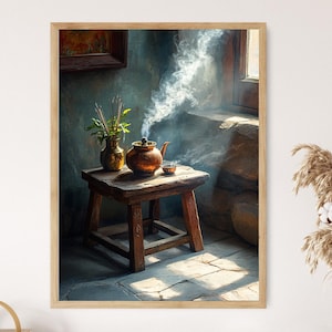 May include: A framed print depicts a serene interior scene. A small wooden table holds a teapot with rising steam, a small cup, and a vase with greenery. The scene is bathed in soft light, creating a tranquil atmosphere. A painting hangs on the wall.