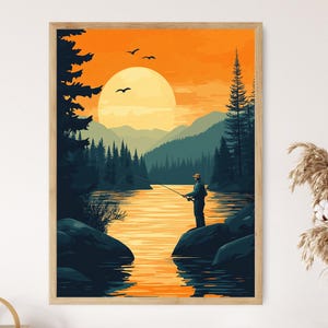 Fly Fishing Catch Illustration, Trout in River, Outdoor Adventure Art