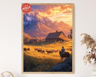 モンタナのカウボーイが馬に乗るイラスト、草原の風景のアートプリント
