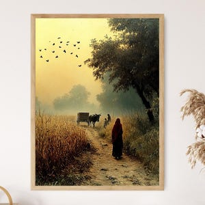 Punjabi Khet Art Print, Women Tending Crops, Bullock Cart, Punjab India