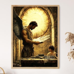 Peut inclure: Une peinture d'un ange avec de grandes ailes, portant une tunique brune, tenant un petit objet dans sa main. Un jeune garçon est assis à une table à l'arrière-plan.