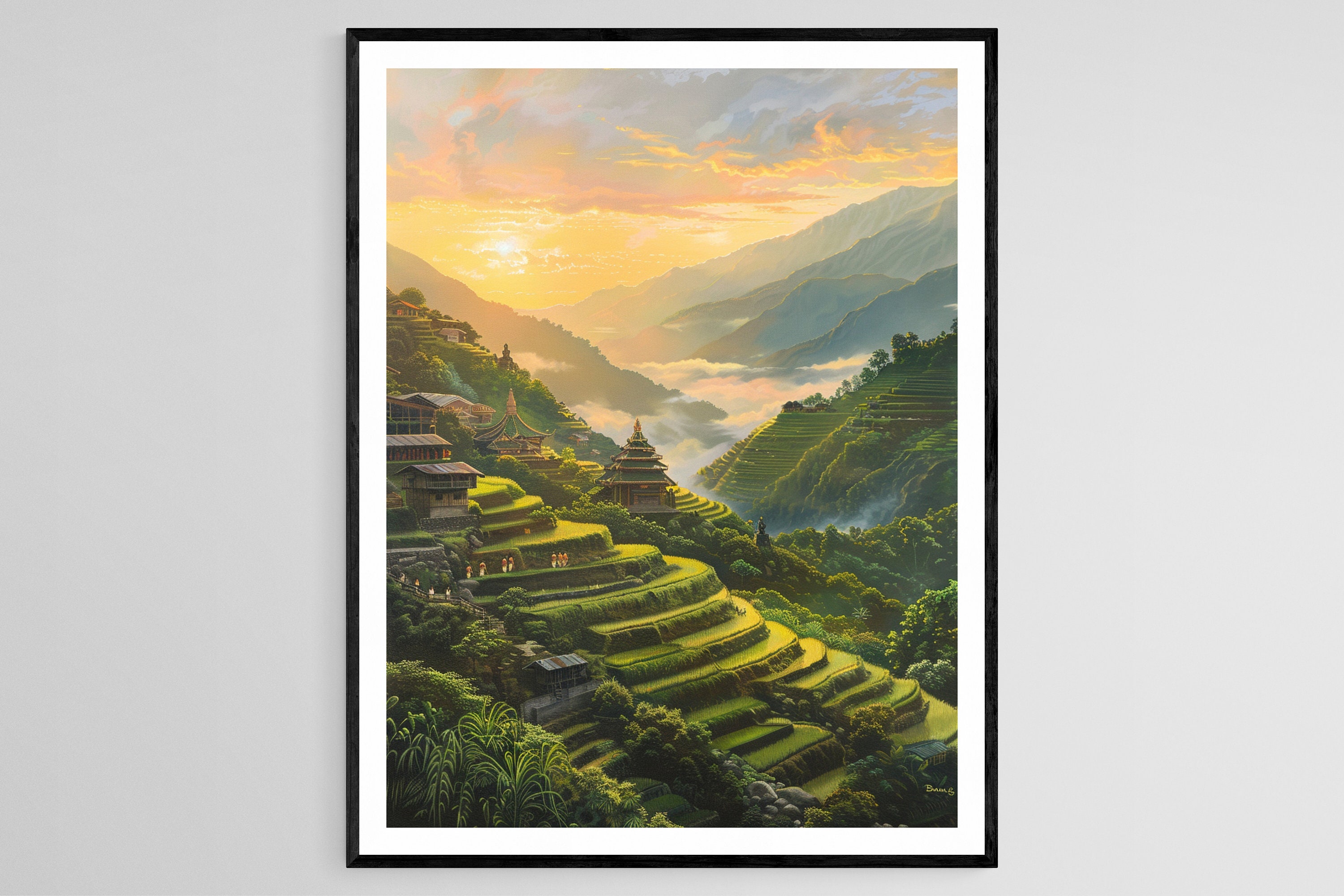Banaue Rice Terraces Art Print: Philippine Landscape With Bulul Statues ...