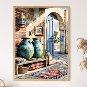 May include: A framed print of an outdoor scene with a blue door and archway. Two large turquoise vases sit on a wooden bench with pillows and a basket. A colorful rug and hanging lantern add to the decor.