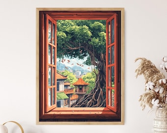 タイの高床式家屋のアートプリント：水に浮かぶ家、蓮の花 - Etsy 日本