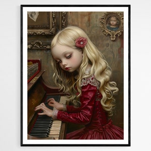 Chica tocando el piano arte impresión, hermosa pieza de decoración del hogar, ideal para la sala de música, regalo de cumpleaños reflexivo para el pianista