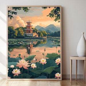 One Pillar Pagode Art Print, Vietnamesischer Tempel Dekor Poster