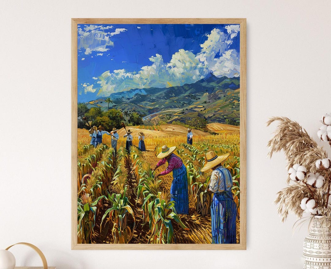 Mexican Farmers Harvesting Corn Art, Vibrant Fields Painting