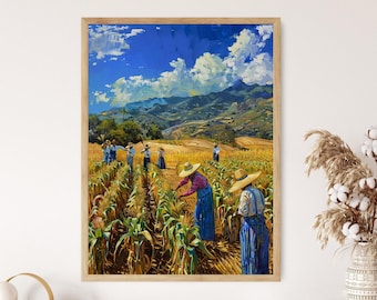 Mexican Farmers Harvesting Corn Art, Vibrant Fields Painting, Traditional Sombreros Print