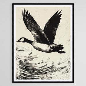 Fliegende Gans Linoldruck, Schwarzweiße Vogelkunst, Naturwanddekor