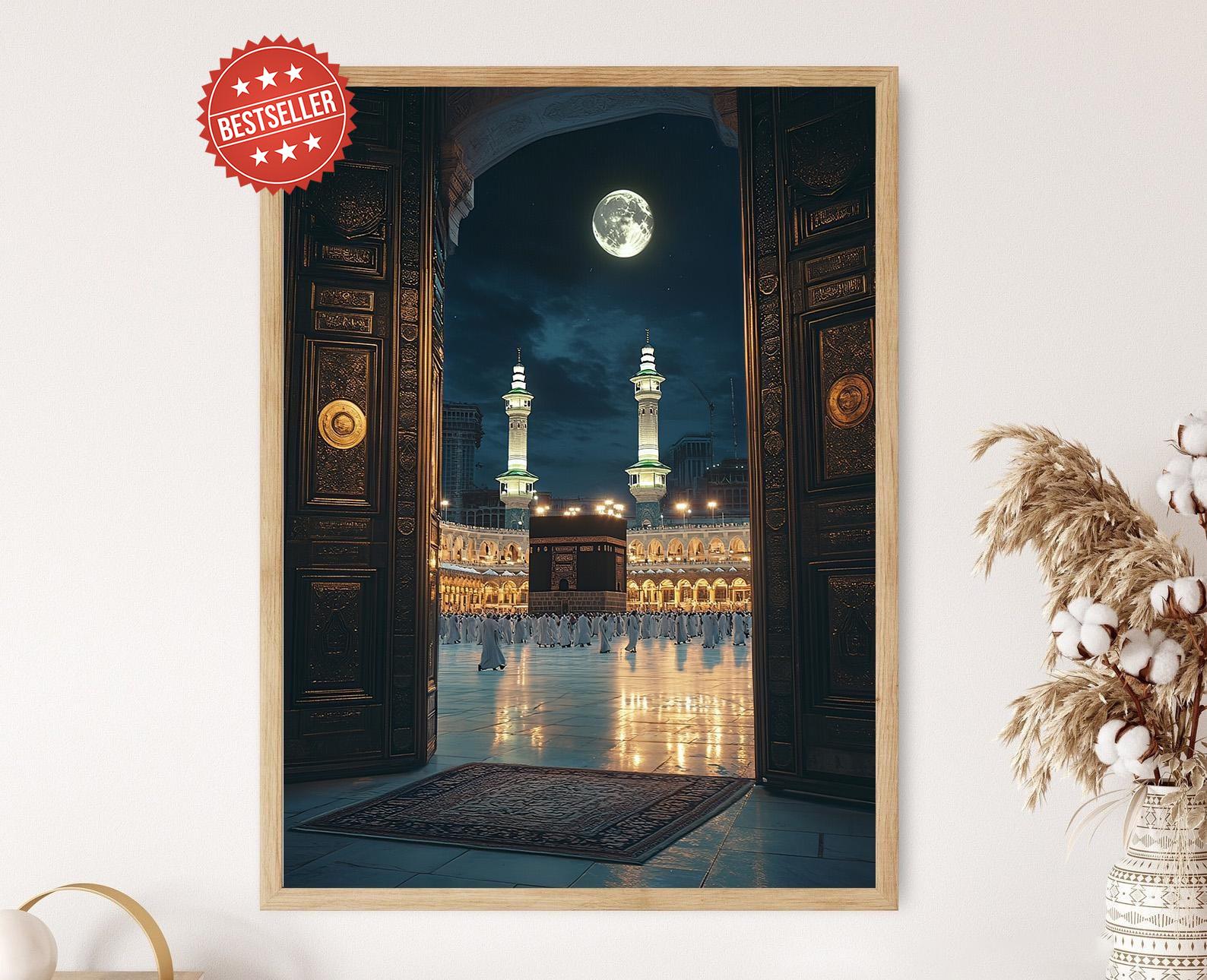 Open Door to Kaaba at Night, Holy Mecca View with Hajj Lanterns and Moonlight Islamic Art, Hajj Gift Idea