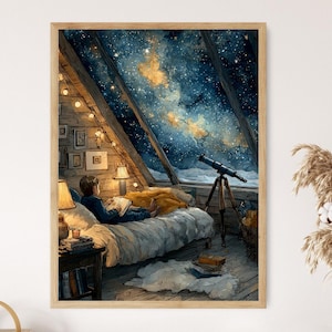 May include: Watercolor painting of a cozy attic bedroom with a view of a starry night sky. A person is lying on a bed reading a book, with a telescope nearby. The room is lit by lamps and string lights, creating a warm atmosphere.