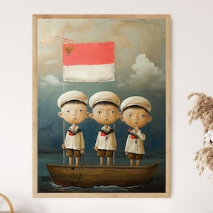 Op de afbeelding: Ingelijste kunstdruk met drie figuren in matrozenuniformen in een boot. Een rood-witte vlag met een wapen staat op de achtergrond. Het kunstwerk heeft een vintage, illustratieve stijl met een gedempt kleurenpalet.