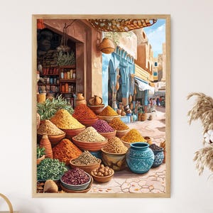 Tunisian Spice Market Art Print, Colorful Spices and Pottery