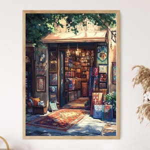 May include: A colorful shop front with a variety of rugs and textiles displayed in the window. The shop is located on a street with a tree overhead and a sunny sky.