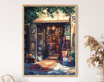 Islamabad Souvenir Shop Art Print, Pashmina Scarf Decor Poster, Hand-Knotted Carpet Illustration