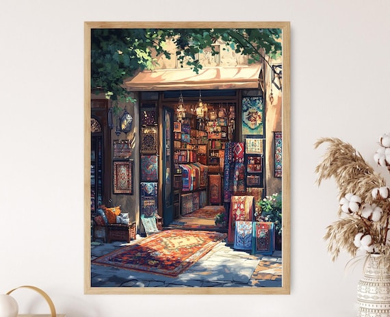 Islamabad Souvenir Shop Art Print, Pashmina Scarf Decor Poster, Hand-Knotted Carpet Illustration