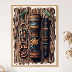 May include: A framed art print featuring a collection of decorative objects with an African tribal theme. The artwork includes stacked cylindrical vessels in shades of orange, blue, and brown, adorned with geometric patterns. A necklace and leaves are also included.
