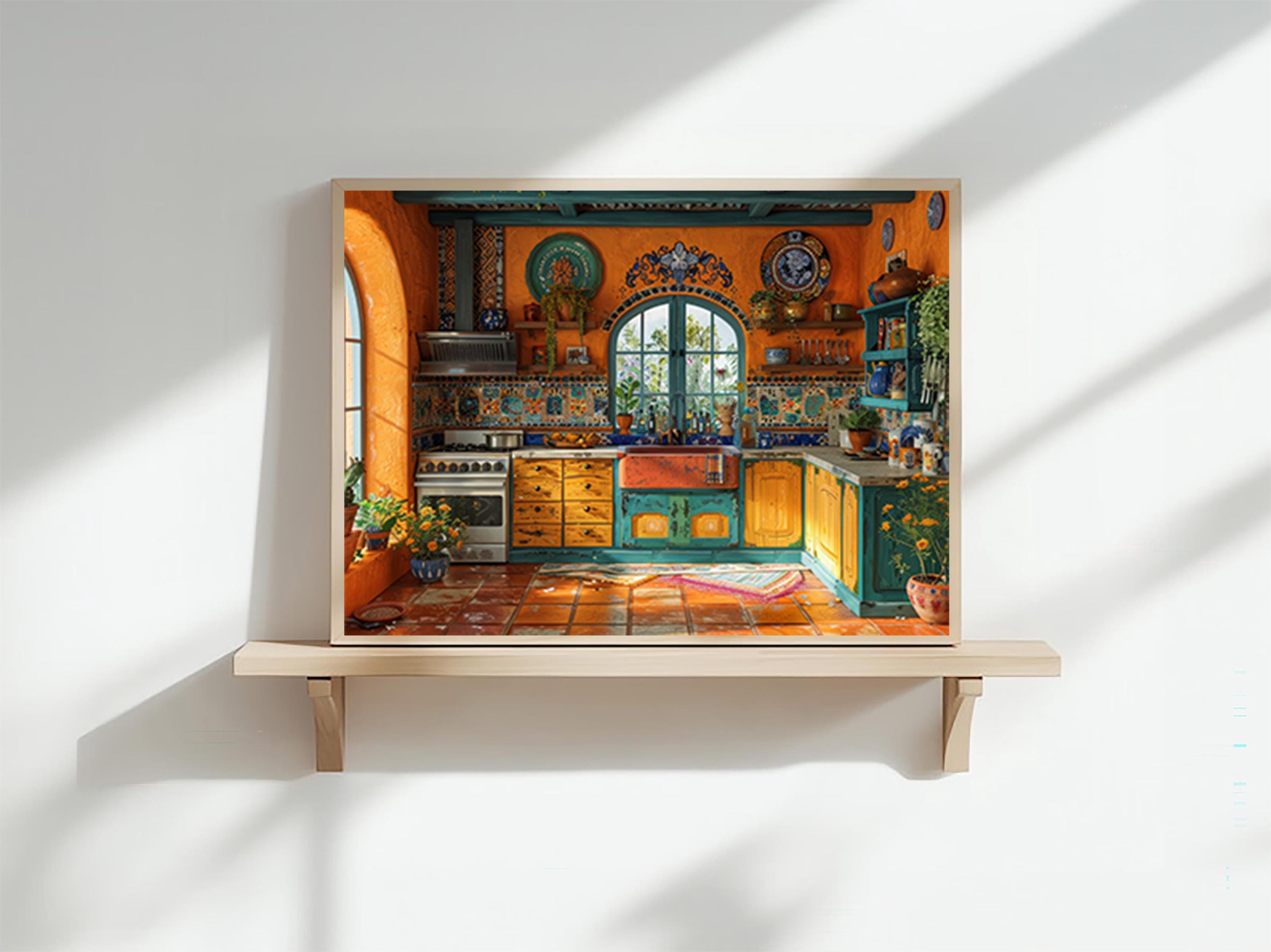 インテリア絵画:メキシコのアーティストVENA2(ベナードス)作品 メキシコのキッチンアート、活気に満ちたカラフルな伝統的な風景