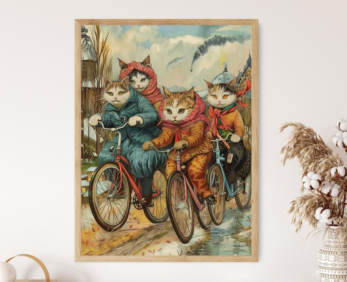 Cat Art Print Bicycle Riding Cats Whimsical Louis Wain Style Quirky ...
