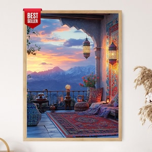 May include: A framed print of a balcony scene with a sunset view. The balcony features ornate lanterns, a patterned rug, and decorative pillows. The image has a "Best Seller" tag.