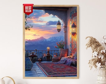 Tehran Rooftop Illustration, Persian Carpets and Samovar Art Print, Iranian Cultural Decor