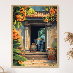 May include: A framed art print showing an elephant in a doorway, surrounded by orange flowers and green foliage. Decorative vases flank the entrance. The artwork uses a warm colour palette of blues, oranges, and browns, creating a welcoming scene.