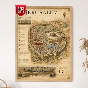 以下が含まれることがあります： Jerusalem: The Holy City, Past & Presentと題された額装済みの地図プリント。城壁に囲まれた都市の鳥瞰図、各地区の名称、主要なランドマーク、歴史的な年表、宗教的なシンボルがセピア調で詳細に描かれています。