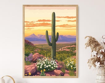 Sonoran Desert Art Print, Saguaro Cactus, Desert Sunset
