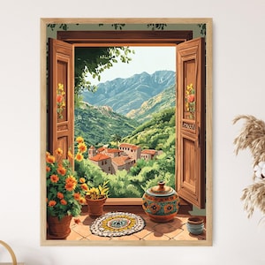 Könnte beinhalten: Ein Gemälde eines Fensters mit einer offenen Tür, das einen Blick auf ein kleines Dorf bietet, das in einem Tal eingebettet ist, mit Bergen im Hintergrund. Das Fenster ist mit Holz gerahmt und hat ein dekoratives Design. Auf der Fensterbank stehen Blumen in Töpfen.