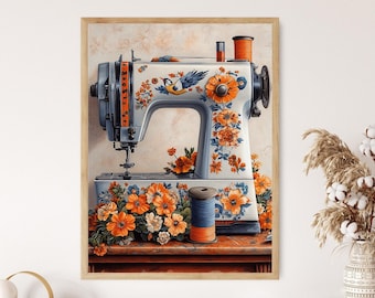 Mexican Sewing Machine Illustration: Otomi Embroidery Motifs, Colorful Birds, Floral Folk Art