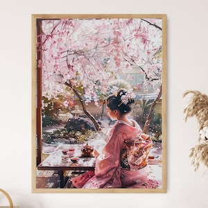 Geisha in Kimono Print, Tea Ceremony in Japanese Garden, Cherry Blossom Art