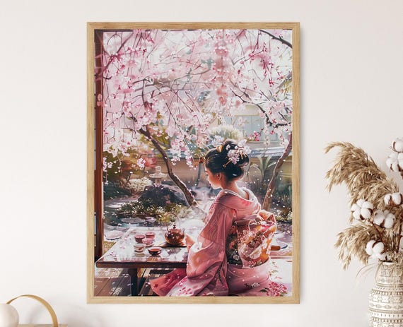 Geisha in Kimono Print, Tea Ceremony in Japanese Garden, Cherry