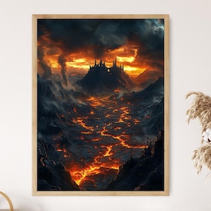 May include: A framed digital art print showing a dark fantasy landscape. A castle is on a mountain range, with a river of lava flowing through the valley. The sky is filled with dark clouds and a fiery sunset.