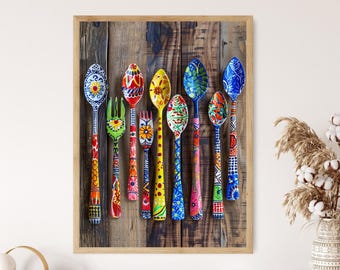 Talavera Spoons Art Print: Mexican Folk Art Kitchen Decor