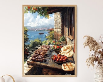 Ilustração de kebab turco, espetos e pão lavash, decoração para restaurante.