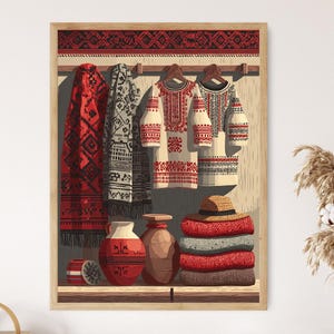 Ukrainische Vyshyvanka Folk Textil Poster, Hutsul Region Kunstdruck, flache Vektor Erbszene
