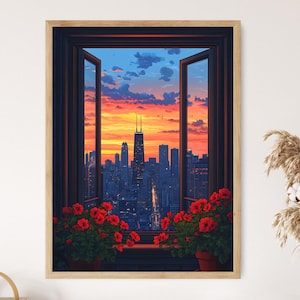 以下が含まれることがあります： 窓から見える街の風景を描いた額縁付きの絵画。窓辺には赤い花が鉢植えで置かれている。街は夕焼けの温かい光に包まれている。