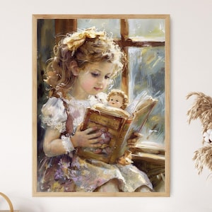 Young Girl Reading to Her Doll by the Window – Nostalgic Maud Humphrey Style Artwork