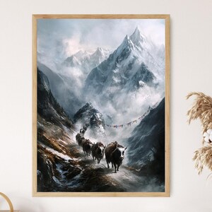 Yak Caravan Art Print, Himalayan Mountain Pass and Prayer Flags