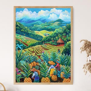 May include: A colourful painting depicting a lush green landscape with a hillside of pineapple plants. People are harvesting the pineapples in the field. The painting has a vibrant colour palette with shades of green, blue, yellow, and orange.