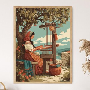 May include: A framed art print depicts a woman weaving at a loom under a tree. She wears a red headscarf and a traditional dress. The scene is set outdoors with a basket, a bench, and a scenic background.